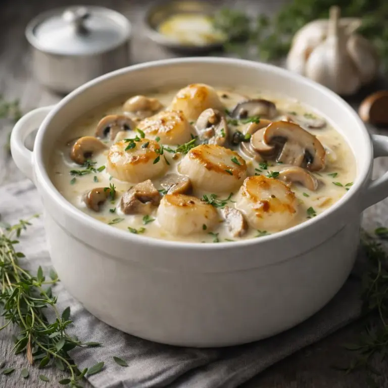 Jakobsmuscheln mit Champignons in cremiger Weißweinsauce mit Estragon