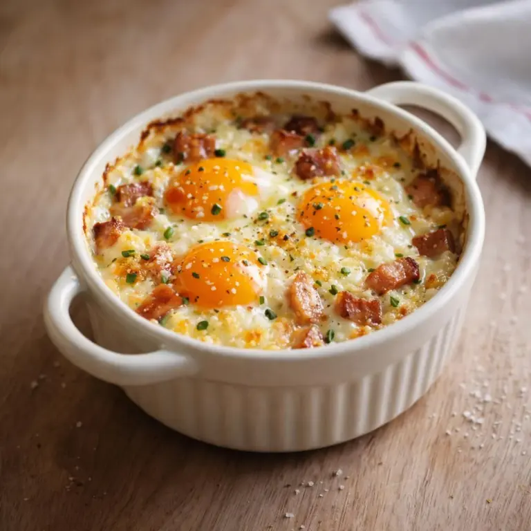 Cremige Eier mit Ziegenkäse und Speck überbacken