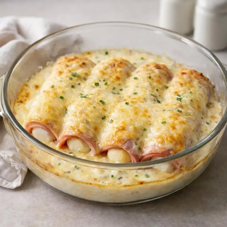 Rollenomelett mit Schinken, cremiger Sauce und Mozzarella