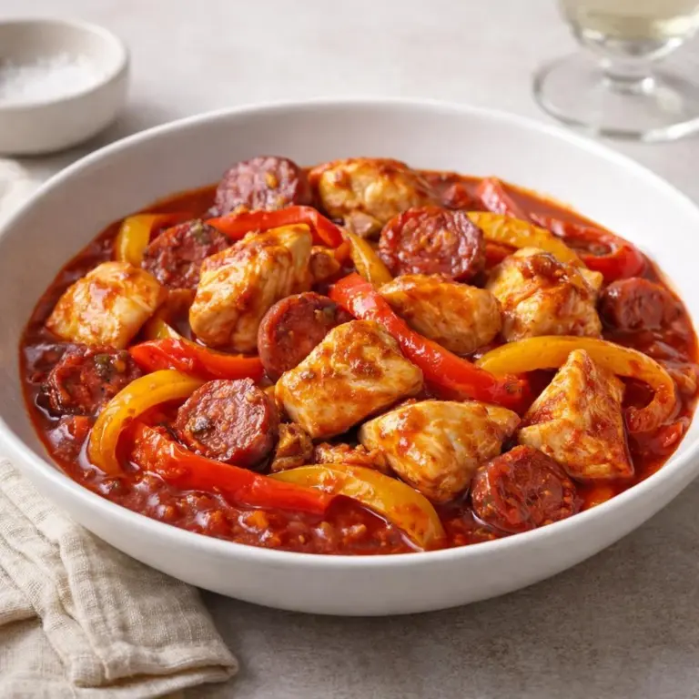 Hähnchenbrust mit Paprika und Chorizo in scharfer Tomatensauce
