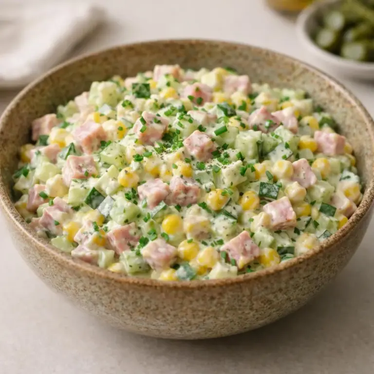 Gurkensalat mit Schinkenwürfeln und würziger Joghurt-Dijon-Sauce