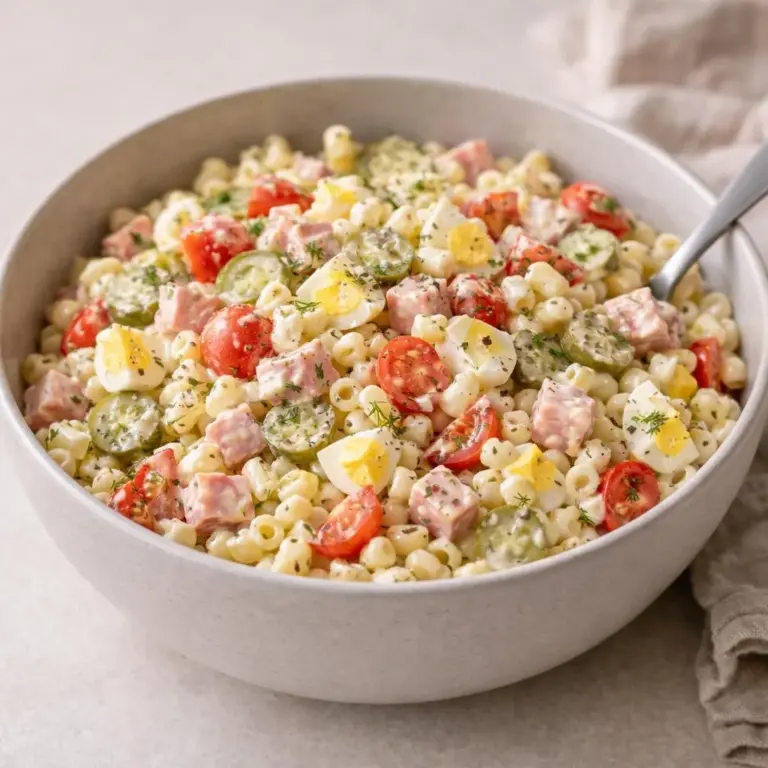 Leichte Macaroni-Salat mit Schinken, Gewürzgurken und Ei