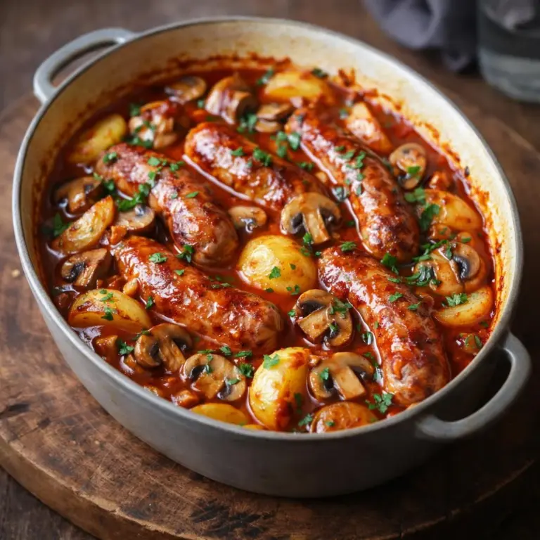 Toulouse-Würste mit Pilzen und Ofenkartoffeln in Knoblauch-Tomatensauce
