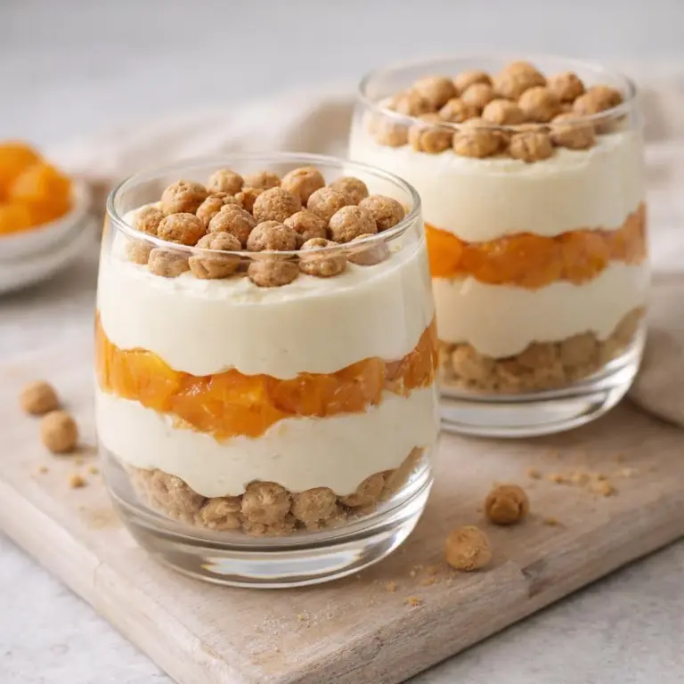 Tiramisu im Glas mit Aprikosen, Mascarpone-Creme und knusprigem Praliné